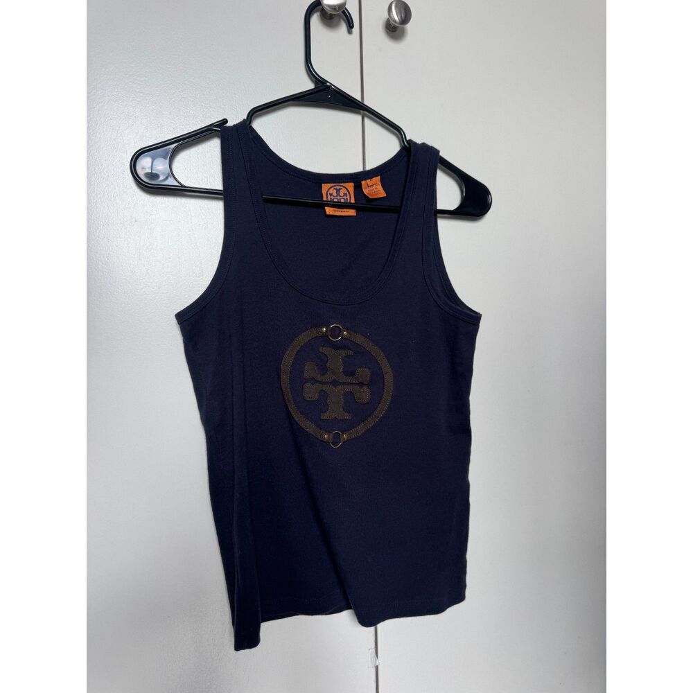 Tory Burch Pierced Gold Logo Dark Blue Women's Tank Top Sz XS 100% Cotton